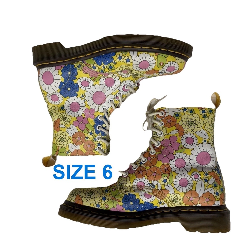 Dr Martens 1460 Pascal Yellow Daisy Floral Lace Combat Boots 6 Rare Fairycore